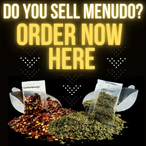 May include: Two small clear plastic bags filled with dried herbs and spices. The bags are labeled "Dried Red Pepper Flakes" and "Dried Oregano". The bags are spilling out of two silver measuring cups. The text "DO YOU SELL MENUDO? ORDER NOW HERE" is in yellow letters on a black background.