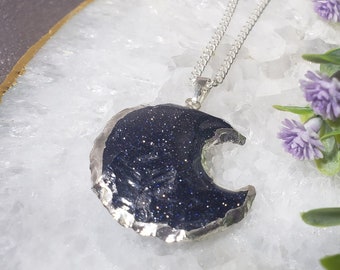 Blue Goldstone Moon Pendant, Electroplated Silver Edge, Sandstone Crystal Charm, Knapped Moon Crescent, Confidence Booster, Gift for Her
