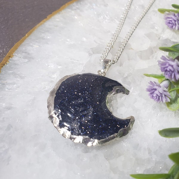 Blue Goldstone Moon Pendant, Electroplated Silver Edge, Sandstone Crystal Charm, Knapped Moon Crescent, Confidence Booster, Gift for Her