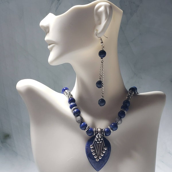 Lapis Lazuli Beaded Necklace - Dangling Earrings Set, Lapis Choker Necklace, Gemstone Jewelry, Vintage Style Necklace, Unique Gift