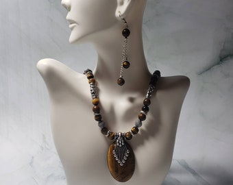 Tigers Eye Necklace & Earrings Set: Vintage Style Gemstone Jewelry