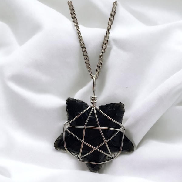 Black Obsidian Star Necklace, Pentagram Wire Wrapped Pendant, Raw Obsidian Crystal, Healing Gemstone, Stone Of Truth, Gift