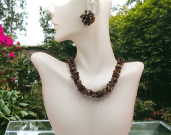 Tiger's Eye Bead and Chip Necklace Earrings Set: Gemstone Choker