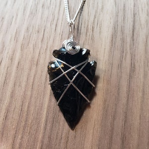 Handcrafted Black Obsidian Arrowhead Necklace With Wire Wrapped Pendant On Silver Chain Raw Obsidian Talisman Jewelry 24&quot; Chain Length