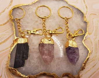 Raw Crystal Keychain: Amethyst, Tourmaline, Rose Quartz Bag Charm