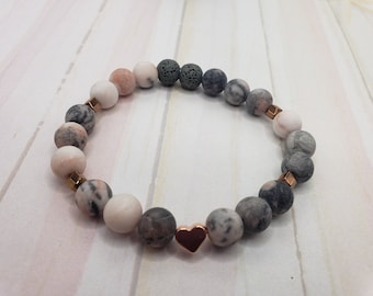 Essential Oil Diffuser Bracelet, Pink Zebra Jasper Lava Rock 8mm Beaded Gemstone Bracelet Rose Gold Heart Aromatherapy Jewelry Gift for Her