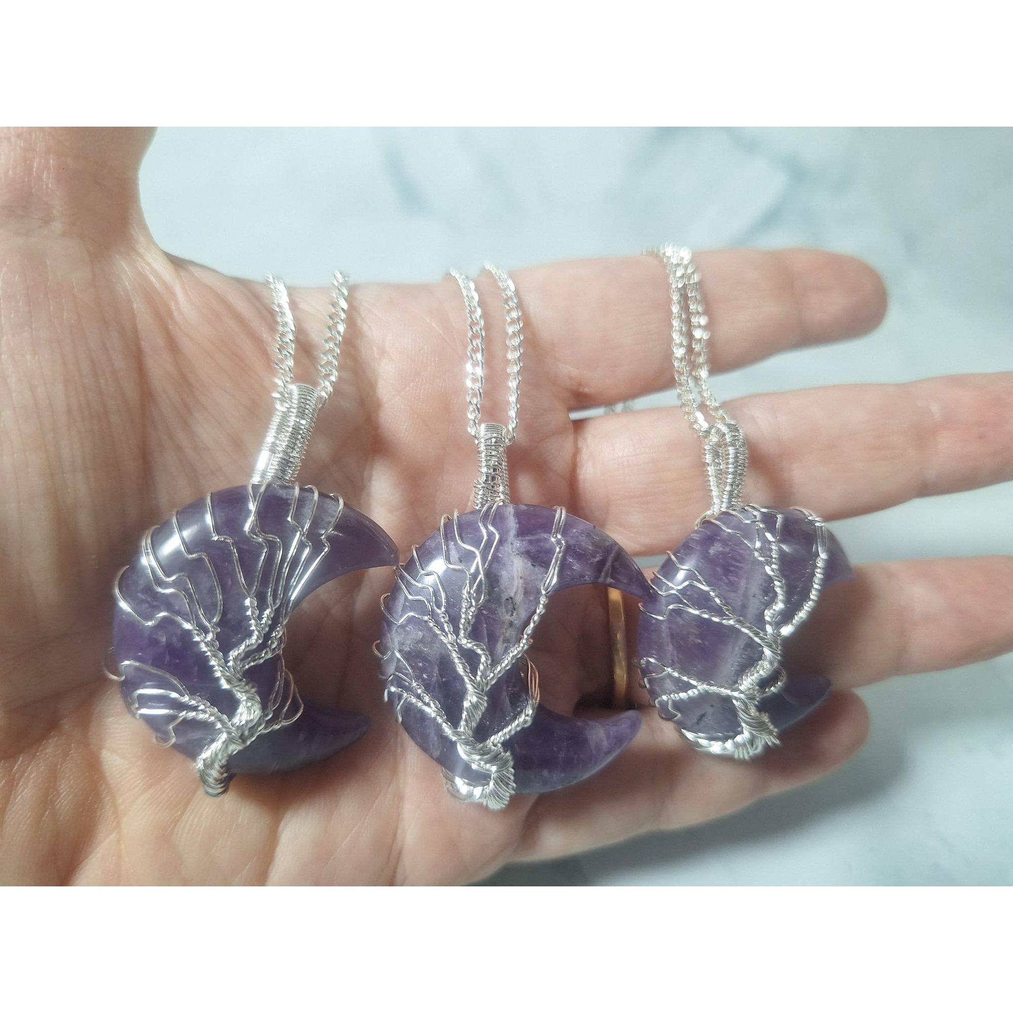 Wire Wrapped Tree of Life Pendent - Crescent Moon Pendant - Celestial Moon Necklace - Mystical Jewelry - Crystal Moon Necklace - Amethyst