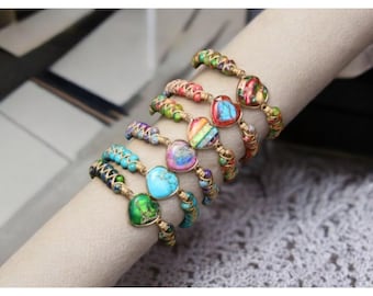 Handcrafted Heart Chakra Imperial Jasper Bracelet - Sea Sediment Turquoise Stone Beaded Bracelet - Adjustable Cord Bracelet - for Women