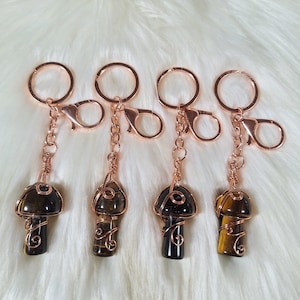 Tigers Eye  Mushroom Keychain - Handmade - Wire Wrapped in Copper