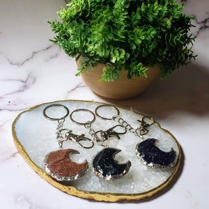 Crescent Moon Goldstone Crystal Keychain, Gemstone Keychain Charms, Stainless Steel Keyring, Accessory for Bag Wallet Purse, Christmas Gift
