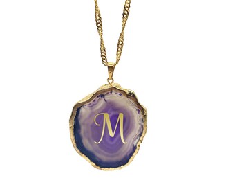 Purple Agate Necklace, Custom Initial Necklace-Keychain, Initial Jewellery, Gold Edge Crystal Pendant, Healing Stone Necklace, Gift for Her
