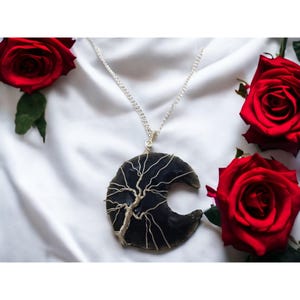 Black Crescent Moon Pendant Necklace With Silver Wire Tree Of Life Design On Silver Chain Symbolic Nature Jewelry