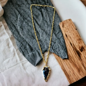 Black Obsidian Arrowhead Necklace with Electroplated Gold Edge, Raw Obsidian Pendant, Arrow head Necklace, Wizard Stone, Gift