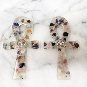 Ankh Cross Pendant with Healing Crystals and Tree of Life Symbol, Egyptian Ankh Charm, Metaphysical Gift