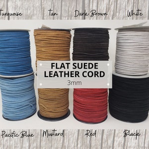 May include: Eight spools of 3mm flat suede leather cord in various colors: turquoise, tan, dark brown, white, pacific blue, mustard, red, and black.