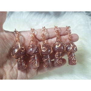 Strawberry Quartz Mushroom Keychain - Wire Wrapped Crystal Keychain - Gemstone Mushroom - Mystical Jewelry - Crystal Lover Gift