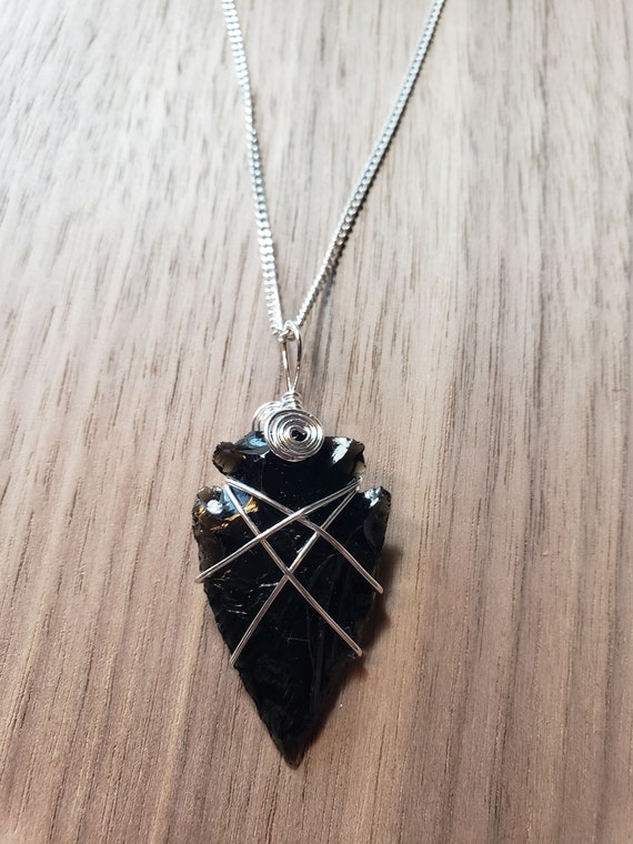 Black Obsidian Arrowhead Necklace Handcrafted Wire Wrapped 