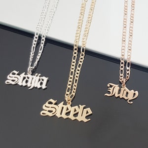 Old English Name Necklace With Figaro Chain, Custom Old English Font Style Necklace, Gothic Name Necklace, Customize Any English Name Letter