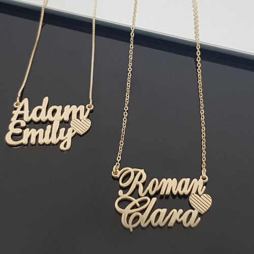Two Name Necklace With Heart Dainty Family Necklace 2 Names Etsy