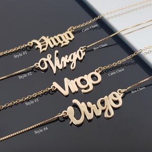 Naszyjnik Virgo z 4 stylami czcionek, naszyjnik ze znakiem zodiaku Virgo, naszyjnik z horoskopem Virgo, astrologiczny pomysł na prezent urodzinowy Virgo, prezent z gwiazdą Virgo