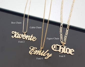 Collar de nombre personalizado, cualquier nombre/palabra 15 estilos de fuente colgante, placa de identificación en inglés personalizada, regalo personalizado, caja de cable o Fígaro