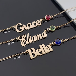 Collar con nombre personalizado y piedra de nacimiento • Placa con nombre y piedra de nacimiento • Collar con nombre para niños • Collar con nombre para niñas • Joya de regalo de cumpleaños