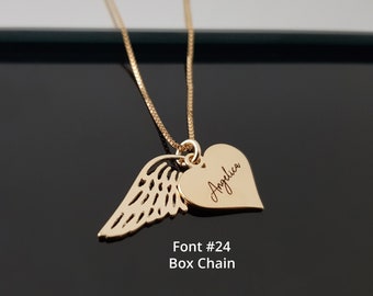 Collier prénom coeur avec ailes, collier ailes d'ange, collier aile commémoratif, cadeaux du souvenir, cadeau de deuil personnalisé, collier ange