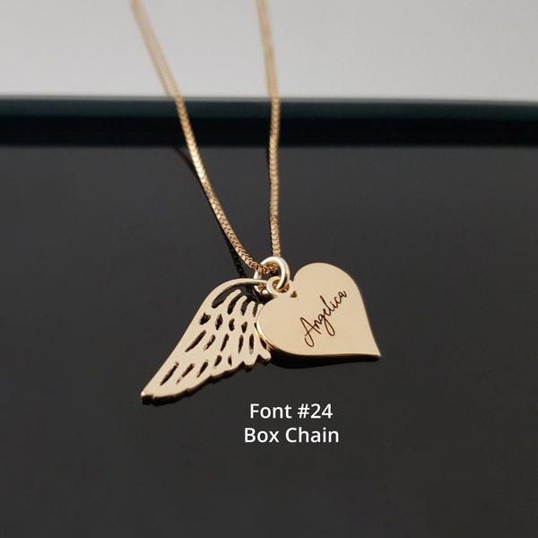 Collier de nom de cœur avec ailes, collier d’ailes d’ange, collier d’ailes commémoratives, cadeaux du Souvenir, cadeau de deuil personnalisé, collier d’ange