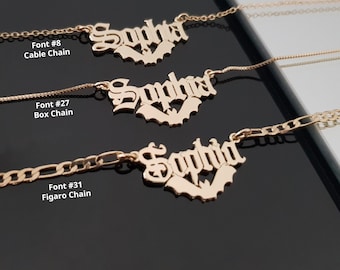 Bat Name Necklace, Personalized Old English Name Necklace With Bat, Old English Letter Necklace, Old English Name Jewelry,Gift For Bat Lover