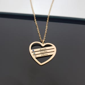 Personalized Mom Necklace With Kids Names and Birthstones, Custom Birthstone Heart Charm, Mother's Day Gift, 14k Gold Plated Family Necklace