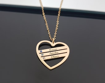 Personalized Mom Necklace With Kids Names and Birthstones, Custom Birthstone Heart Charm, Mother's Day Gift, 14k Gold Plated Family Necklace