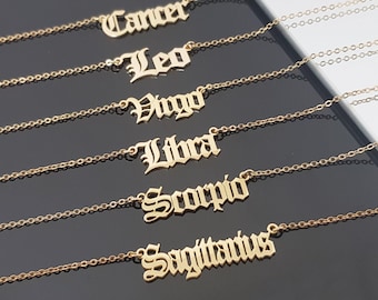 Old English Zodiac Sign Necklace, Sterling Silver Horoscope Pendant