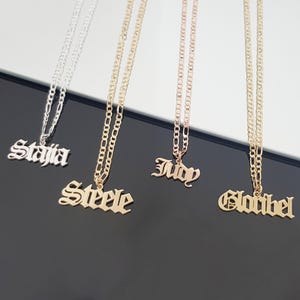 Old English Name Necklace With Figaro Chain, Custom Old English Font Style Necklace, Gothic Name Necklace, Customize Any English Name Letter
