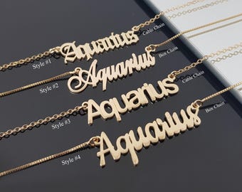 Colar de Aquário com 4 estilos de fonte, Colar com o signo de Aquário, Colar do horóscopo de Aquário, Ideia de presente de aniversário para astrólogos do signo de Aquário