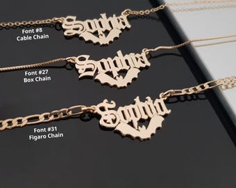 Bat Name Necklace, Personalized Old English Name Necklace With Bat, Old English Letter Necklace, Old English Name Jewelry,Gift For Bat Lover