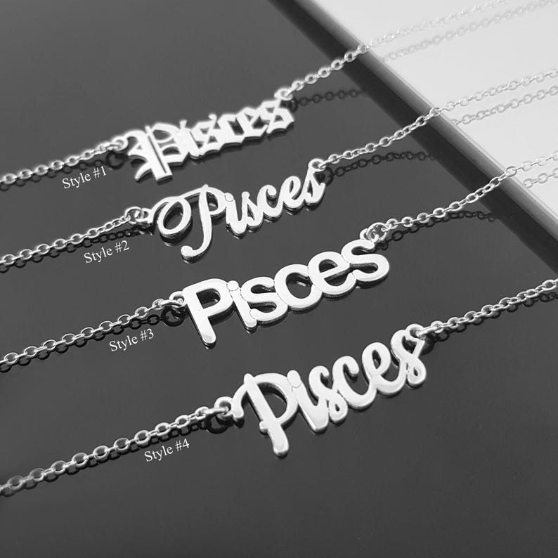 Pisces Necklace With 4 Font Styles, Pisces Zodiac Sign Necklace, Pisces Horoscope Necklace, Pisces Birthday Gift, Pisces Astrology Gift Jewe imagen 2