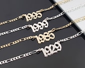 Gothic Year Necklace With Figaro Chain, Birth Year Necklace, Birthday Necklace, Gothic Font Necklace, Personalized Numbers Necklace Gift