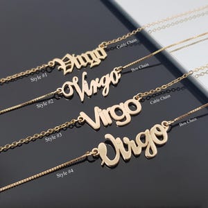 Colar de Virgem com 4 Estilos de Fonte, Colar com o Signo de Virgem, Colar do Horóscopo de Virgem, Ideia de Presente de Aniversário para Virgem, Presente Estrela de Virgem