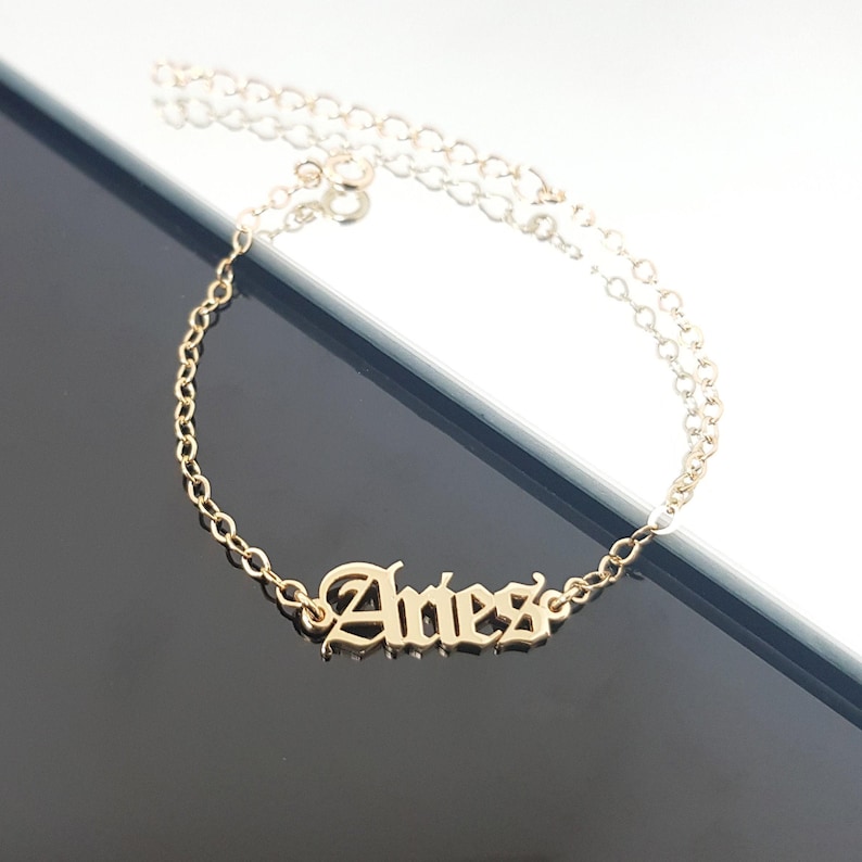 Aries Bracelet, Aries Zodiac Sign Bracelet, Aries Horoscope Bracelet, Aries Old English Font Bracelet, Aries Birthday Gift, Aries Gift image 1