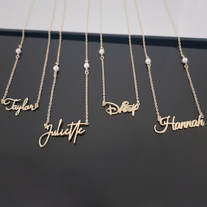 Collar con placa de nombre personalizado con perla, placa de nombre con perla de agua dulce, collar con nombre para niños, collar con nombre de niña, regalo de cumpleaños