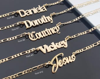 Name Necklace, Personalized Name Necklace With Figaro Chain, Customize Any Name With 15 Font Style, Custom Gift for Her, Christmas Necklace