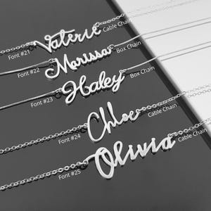 Gepersonaliseerde naamketting, sterling zilver of verguld, sieraden met sierlijke tekst. afbeelding 2