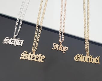 Custom Old English Name Necklace, Sterling Silver Figaro Chain, Gothic Style Jewelry