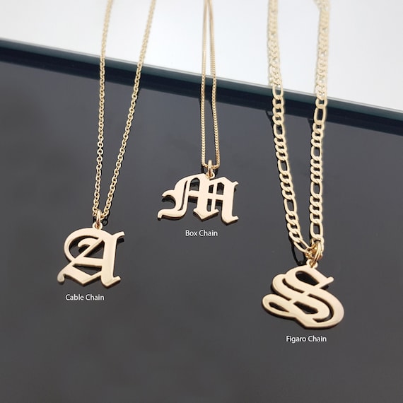 Gold Retro Large Initial Necklace Personalized Name Necklace 