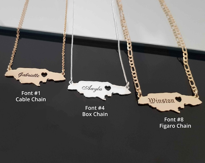 Personalized Jamaica Map Necklace, Sterling Silver, Custom Name Pendant