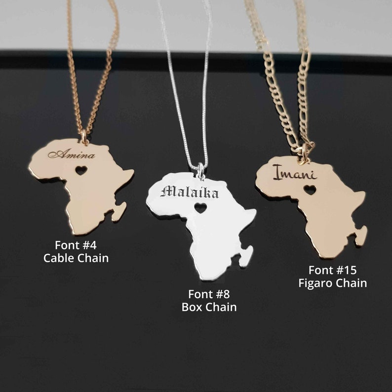 Gepersonaliseerde Afrika kaart ketting met naam, Afrika kaart hanger ketting, gouden Afrika hanger ketting, Afrika sieraden, cadeau voor Afrikaans afbeelding 1