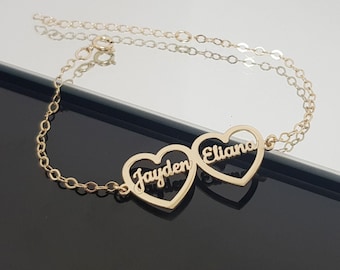 Hearts Bracelet With Names, Double Name Bracelet, Two Name Bracelet, 2 Name Bracelet Personalized Jewelry, Dainty Famiy Name Bracelet