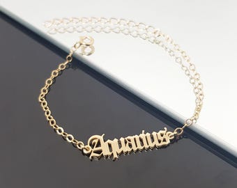 Pulseira de Aquário, Pulseira do Signo de Aquário, Pulseira com Horóscopo de Aquário em Fonte Antiga Inglesa, Presente de Aniversário para Aquário, Presente para Aquário