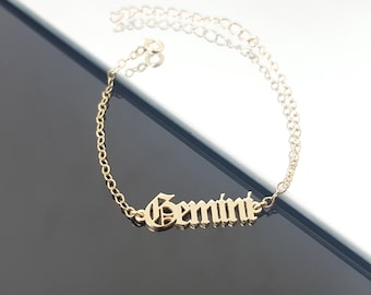 Pulsera de Géminis, Pulsera del signo zodiacal de Géminis, Pulsera del horóscopo de Géminis, Pulsera de Géminis con fuente Old English, Regalo de cumpleaños para Géminis, Regalo para Géminis