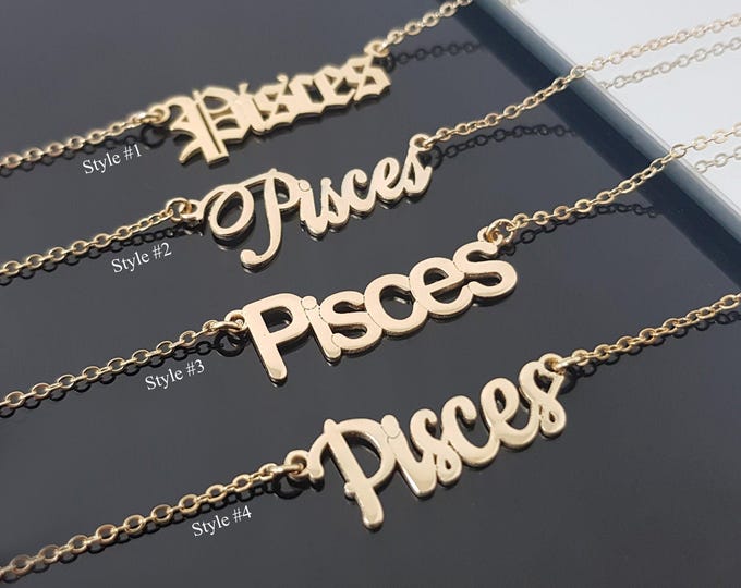Pisces Necklace With 4 Font Styles, Pisces Zodiac Sign Necklace, Pisces Horoscope Necklace, Pisces Birthday Gift, Pisces Astrology Gift Jewe